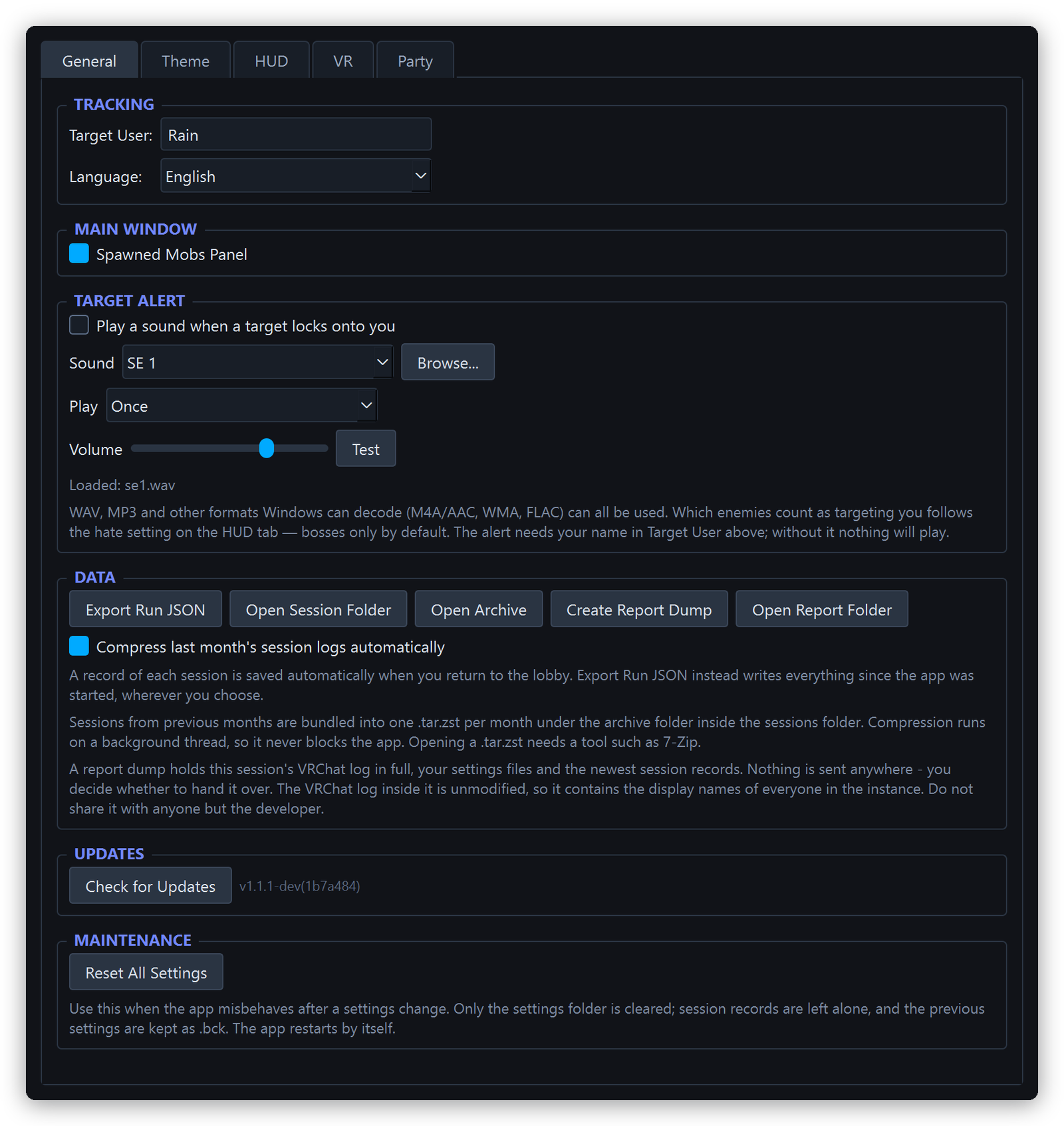 Settings window — General tab
