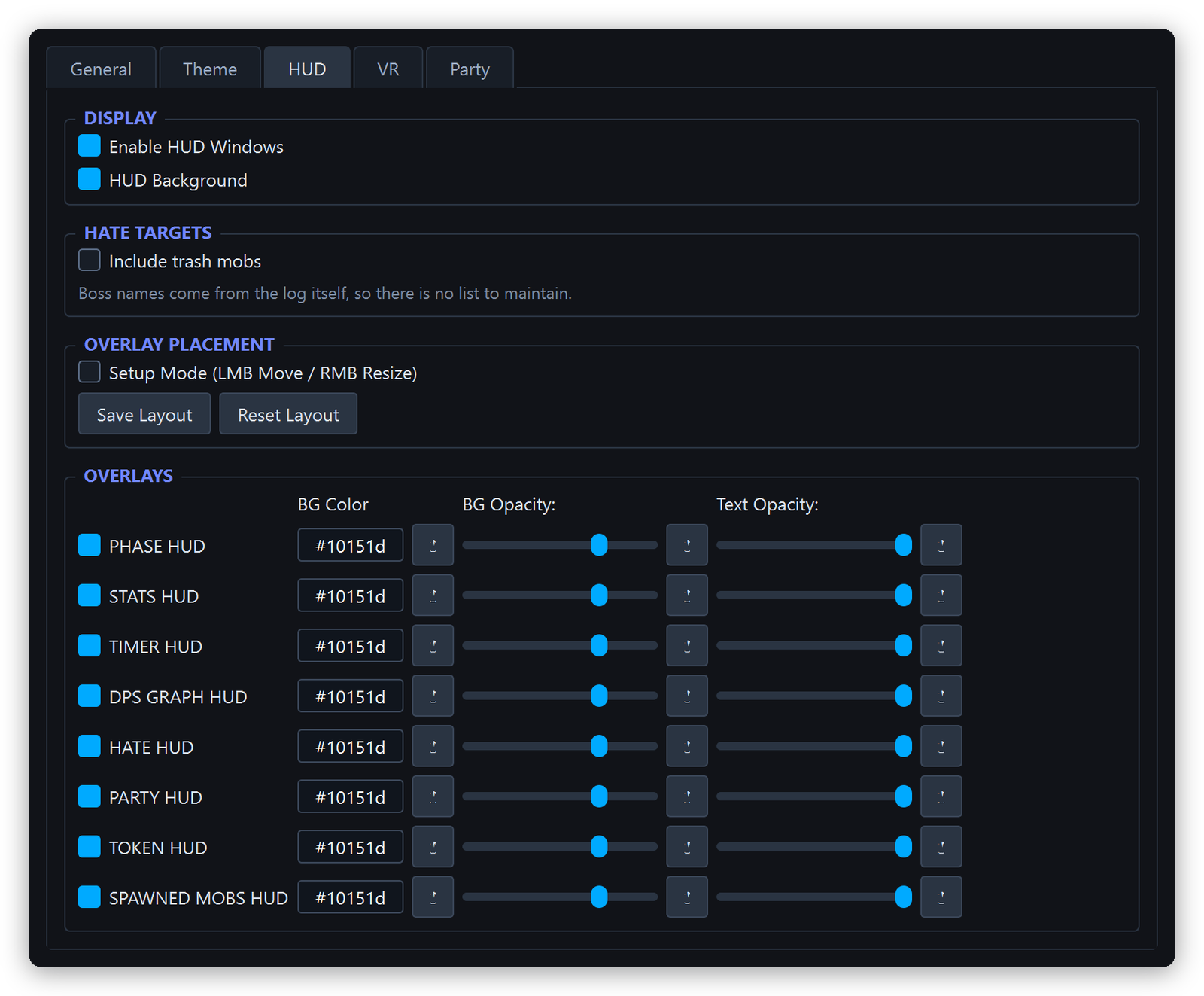 Settings window — HUD tab