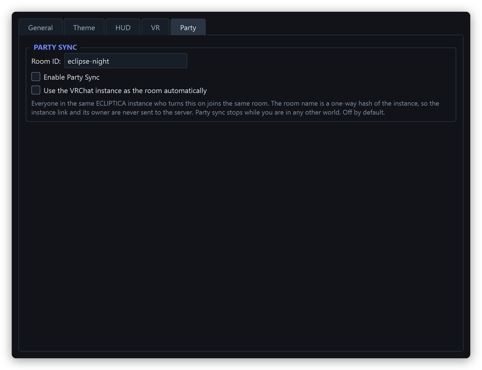 Settings window — Party tab