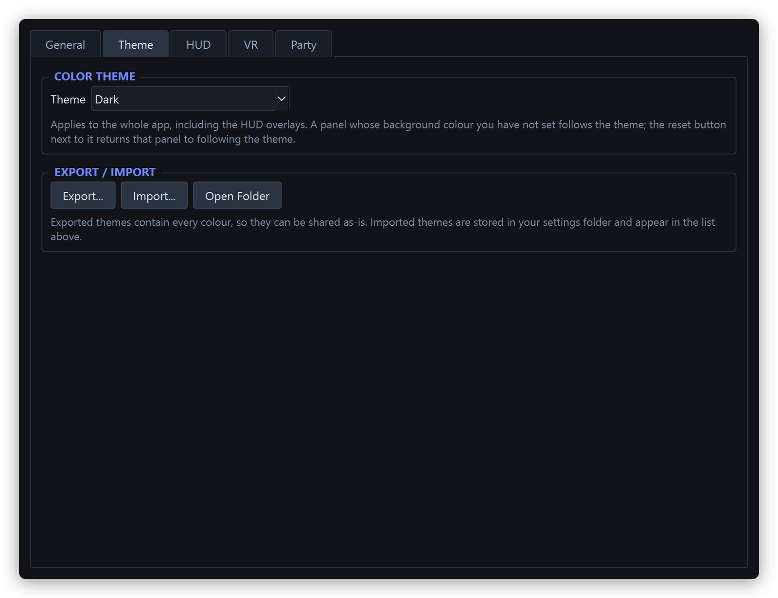 Settings window — Theme tab