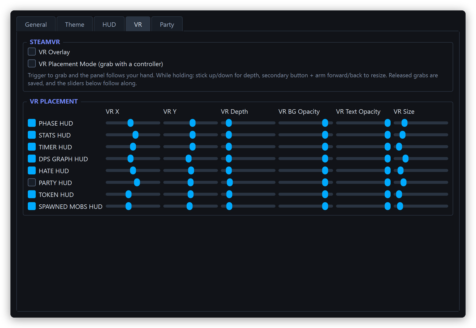 Settings window — VR tab