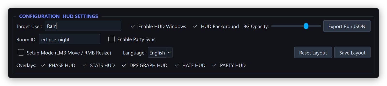Settings window